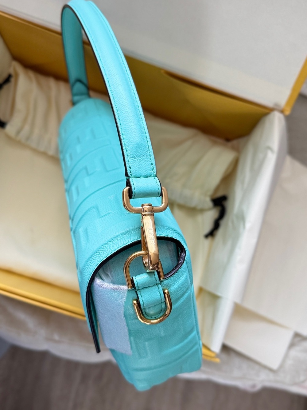 Fendi Embossed FF Baguette Shoulder Bag in Aqua - Picture 5 of 10